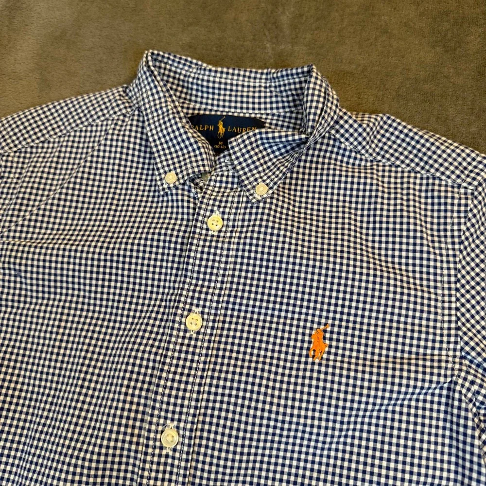 Ralph Lauren Boys Blue White Gingham Button Down Shirt Medium 10-12 Orange Pony‎